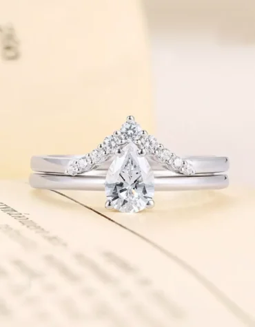 1CT Pear Cut Bridal Set Engagement Ring Solid 14k White Gold