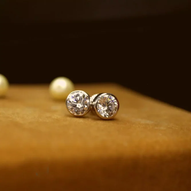 1.08 Carat Round Cut Certified Lab Grown Diamonds Bezel Set Stud Earrings Solid 14K White Gold