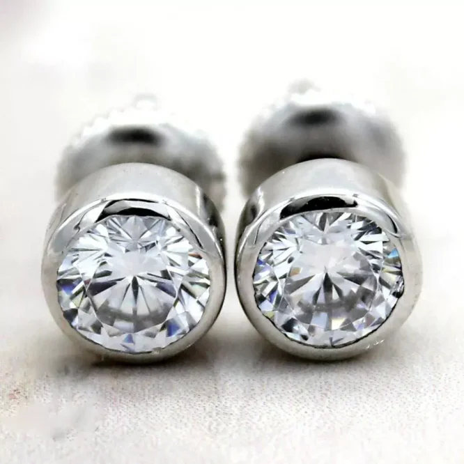 1.08 Carat Round Cut Certified Lab Grown Diamonds Bezel Set Stud Earrings Solid 14K White Gold