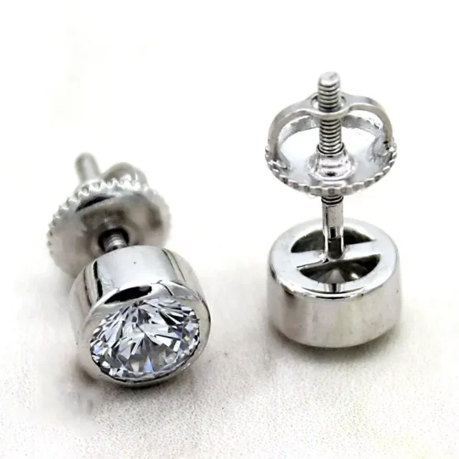 1.08 Carat Round Cut Certified Lab Grown Diamonds Bezel Set Stud Earrings Solid 14K White Gold