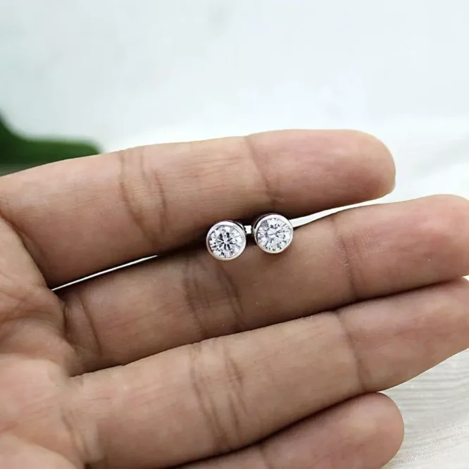 1.08 Carat Round Cut Certified Lab Grown Diamonds Bezel Set Stud Earrings Solid 14K White Gold