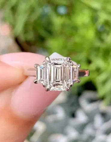 2.50Ct Emerald Cut Lab Grown Diamond Three Stone Engagement Ring 14K White Gold