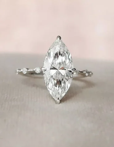 Solitaire 2 Carat Marquise Cut Solid 14k White Gold Hidden Halo Engagement Ring