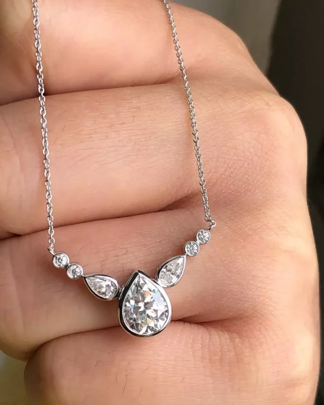 1.53CT Pear cut Cluster Lab Grown Diamonds Necklace Bezel Set Pendant For Anniversary Gifts