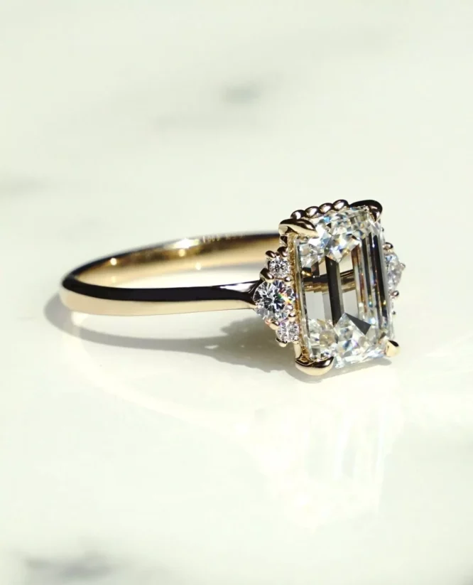 2CTW Wedding Ring Emerald Cut Certified Lab Grown Diamond Round Side Diamond Engagement Ring