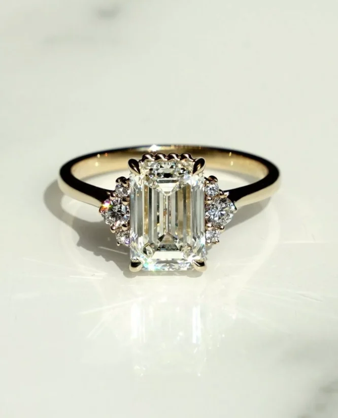 2CTW Wedding Ring Emerald Cut Certified Lab Grown Diamond Round Side Diamond Engagement Ring