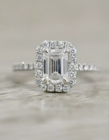 2.50 CT Emerald Cut Lab Grown Diamond Halo Engagement Ring Solid 14K White Gold For Her