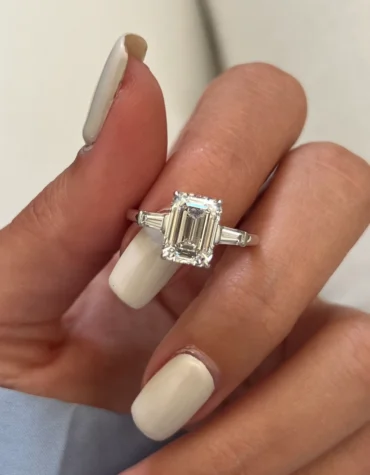 3 Carat Emerald Cut Lab Grown Diamond Ring / Emerald and Baguette / White Gold Three Stone Engagement Ring / 3 Stone Diamond Ring