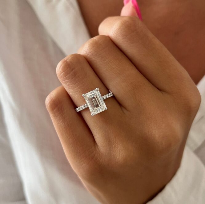 3 Carat Emerald Cut Lab Grown Diamond Pave Engagement Ring / White Gold 4 Round Prong Emerald Shape CVD Diamond Bridal Ring