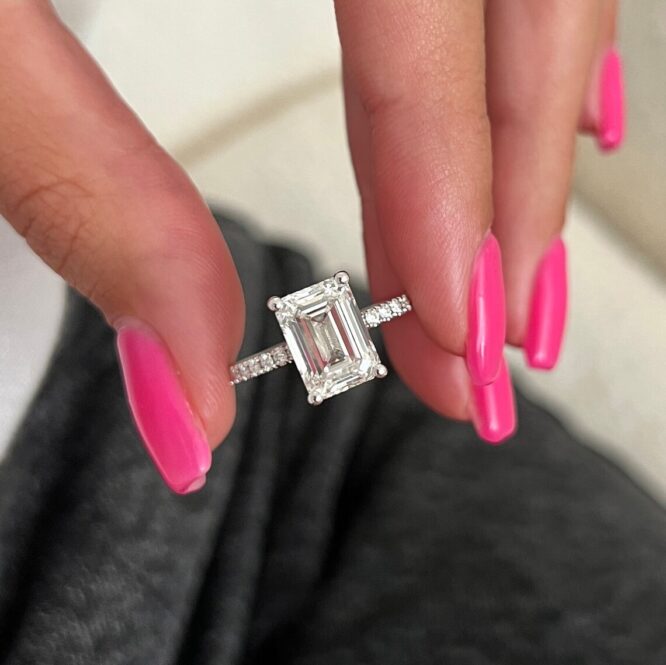 3 Carat Emerald Cut Lab Grown Diamond Pave Engagement Ring / White Gold 4 Round Prong Emerald Shape CVD Diamond Bridal Ring