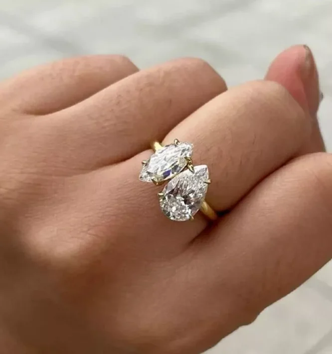 Unique Toi Et Moi 2.75CT Pear & Marquise Lab Grown Diamonds 10K Gold 2 Stone Gift Ring For Her